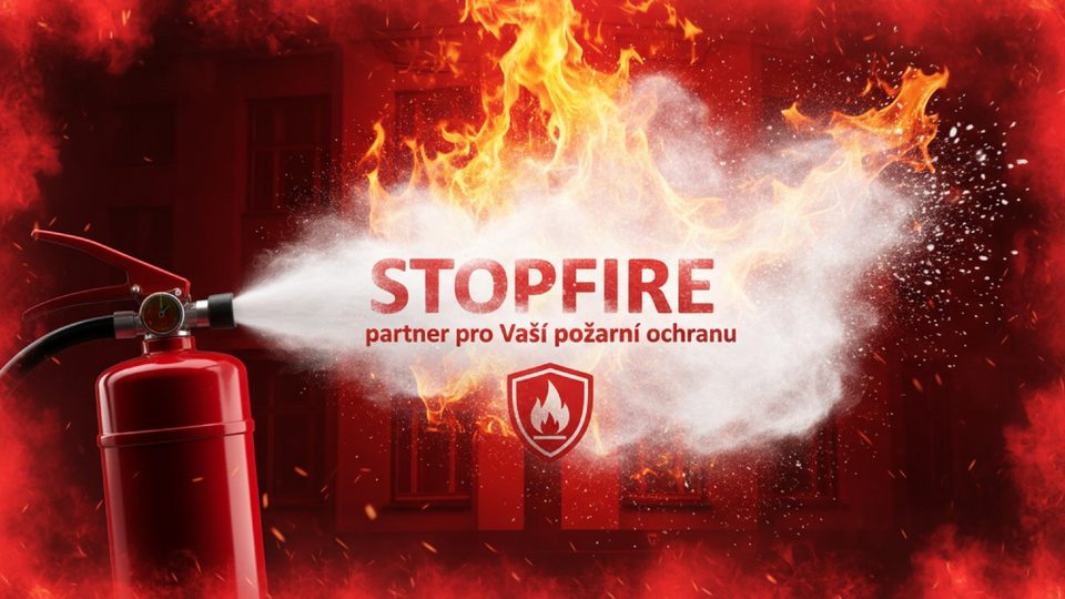 Hasicí přístroj s nápisem STOPFIRE – partner pro vaši požární ochranu